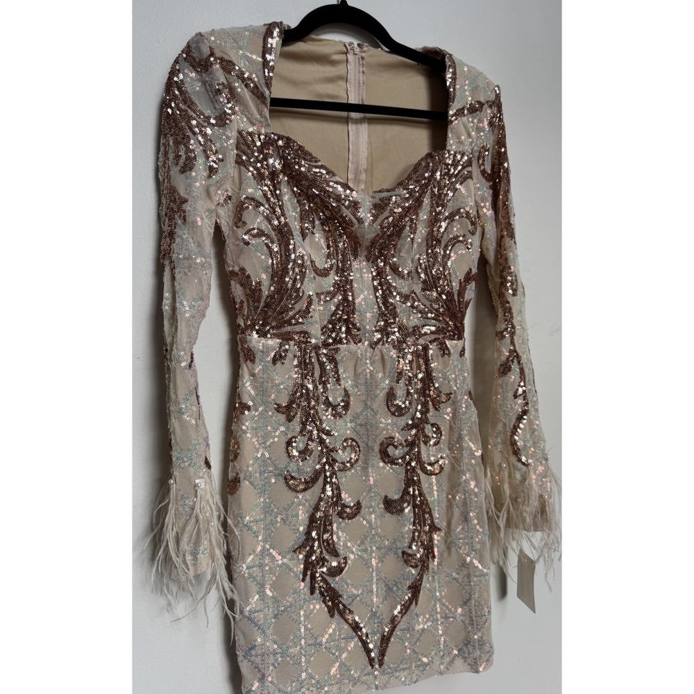 Rose Gold Sequin Embellished Dress S Feather Cuffs Nude Mesh Party Cocktail Glam - Picture 9 of 16